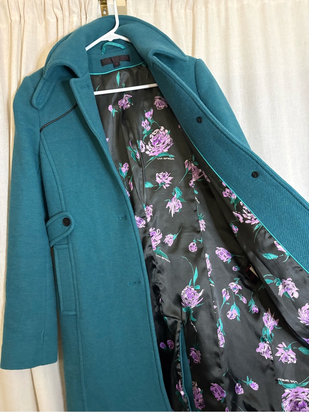 Via Spiga Teal Wool Blend Coat Size 8 with floral lining